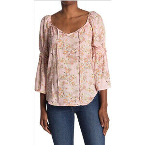 Status By Chenault Floral Keyhole Bell Sleeve Peasant Top In Pink/Coral Size M